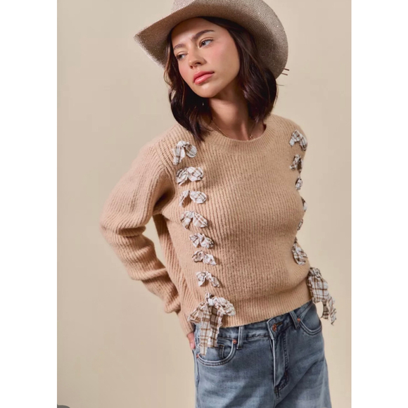 Women's So Me Beige Ribbed Sweater with Plaid Bows M - Picture 2 of 6